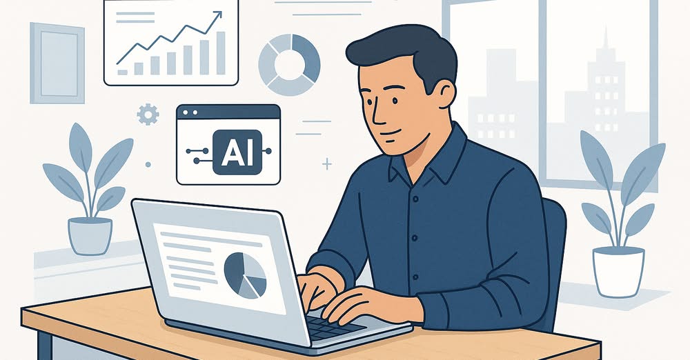 Person typing on a laptop at a desk with AI and data charts in the background.