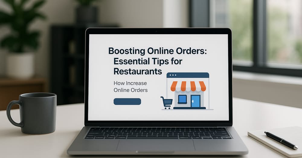 Laptop screen shows a slide titled 'Boosting Online Orders: Essential Tips for Restaurants' with a small storefront illustration.