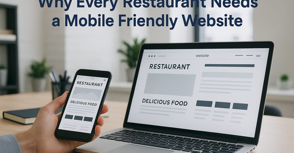Phone and laptop show a restaurant website; screen text includes 'RESTAURANT' and 'DELICIOUS FOOD' with the page title 'Why Every Restaurant Needs a Mobile Friendly Website' above the devices.