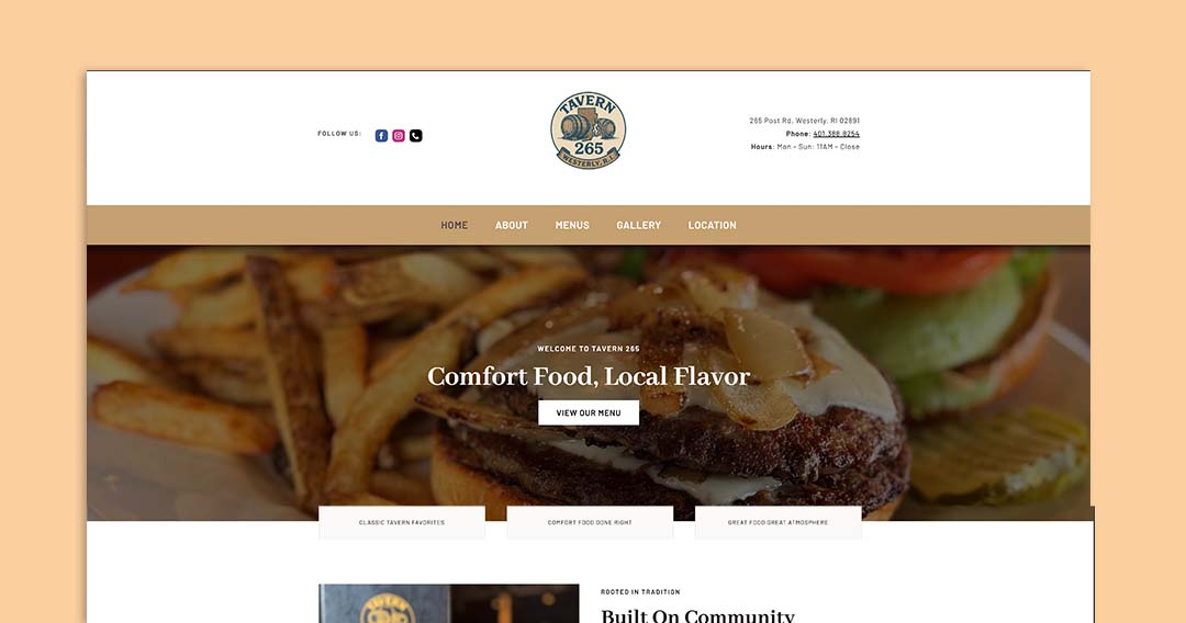 Restaurant homepage hero with a burger and fries photo, headline 'Comfort Food, Local Flavor' and a 'View Our Menu' button, tan navigation bar above.