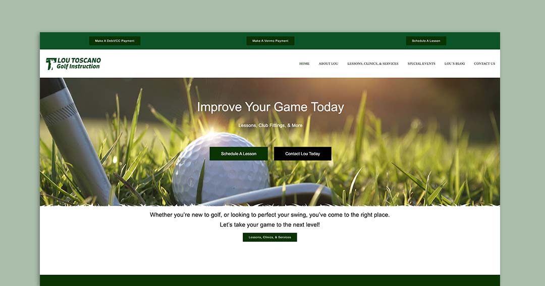 Golf instruction homepage hero with a golf ball in grass, navigation bar, and two call-to-action buttons: Schedule A Lesson and Contact Lou Today.