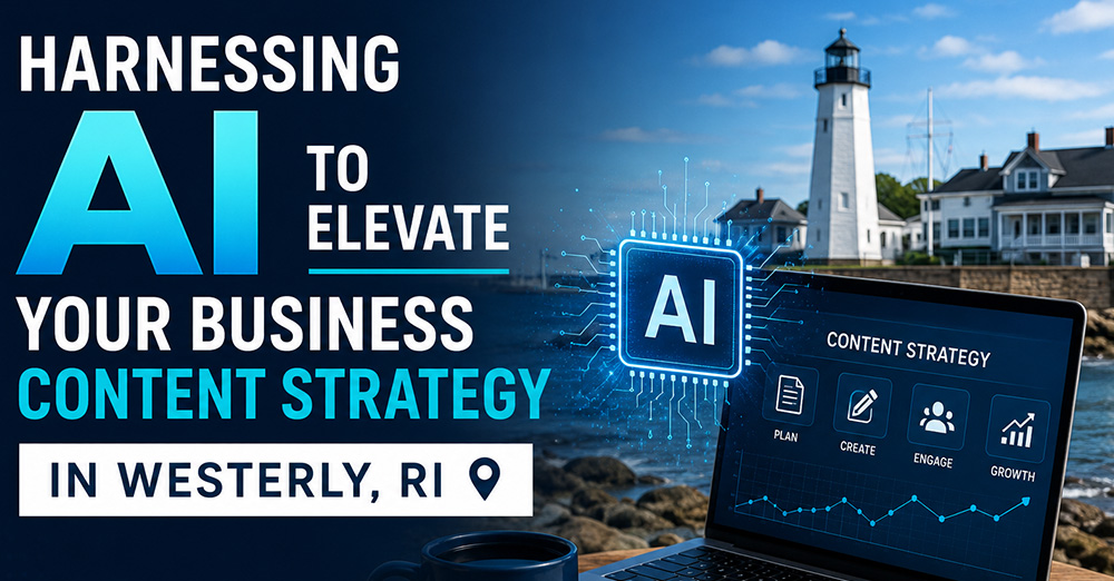 Promotional banner advertising AI to elevate your business content strategy in Westerly, RI, featuring a lighthouse and laptop screen.