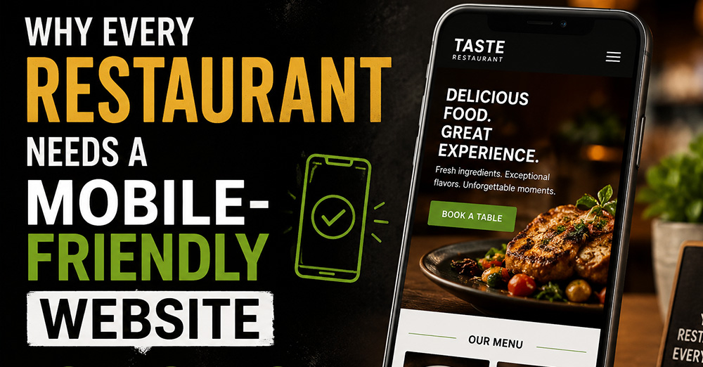 Ad banner promoting mobile-friendly restaurant websites; shows a phone with a green check icon and a plated dish on the screen.