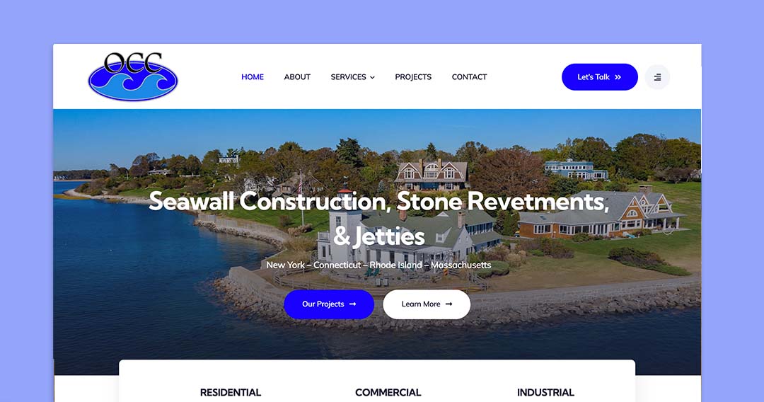 Hero section showing a coastal neighborhood with seawalls and houses; headline about seawall construction on a construction company website.