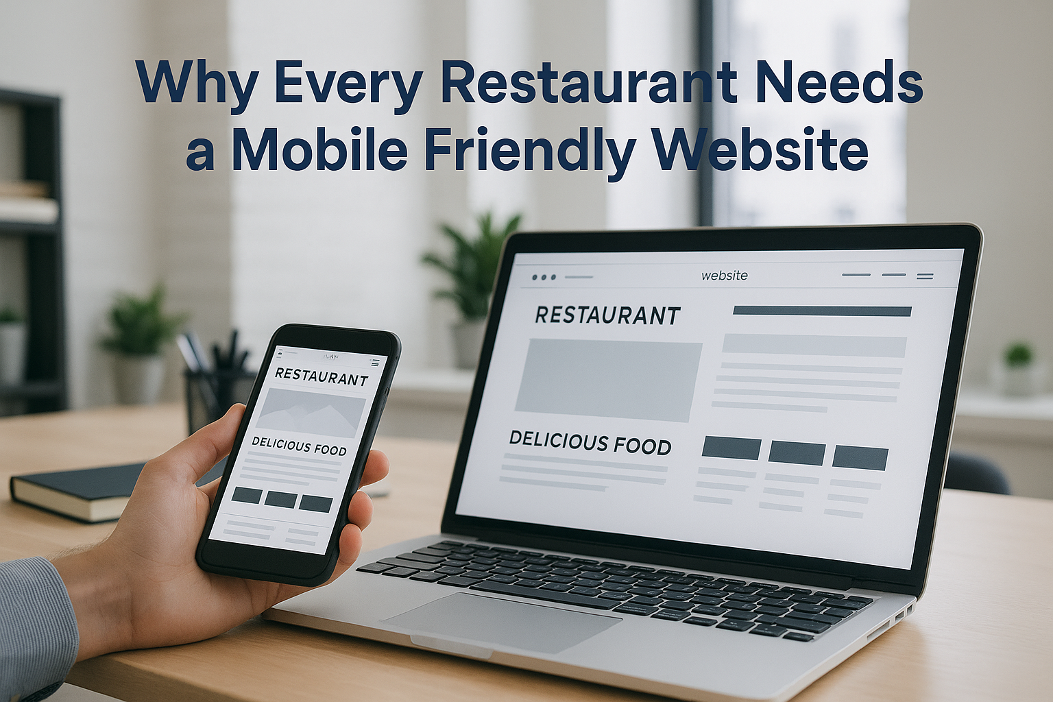 Banner showing article title 'Why Every Restaurant Needs a Mobile Friendly Website' with a smartphone and laptop displaying a restaurant page, illustrating mobile-friendly sites for restaurants.