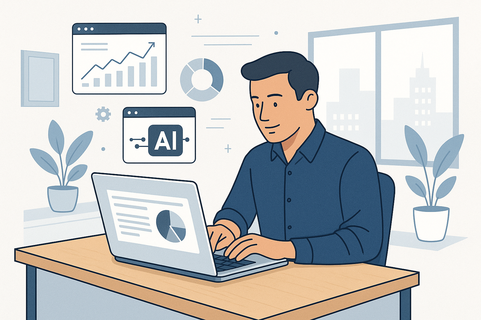 Man in a blue shirt types on a laptop at a wooden desk, with AI and analytics icons on the wall behind him.