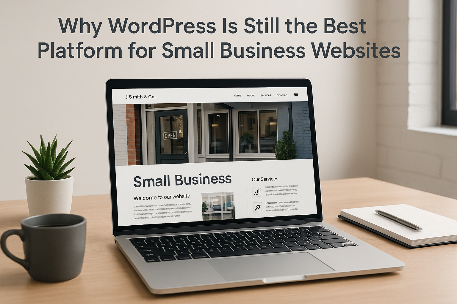 Laptop on a wooden desk displaying a WordPress site about small business websites, with plant and coffee mug nearby