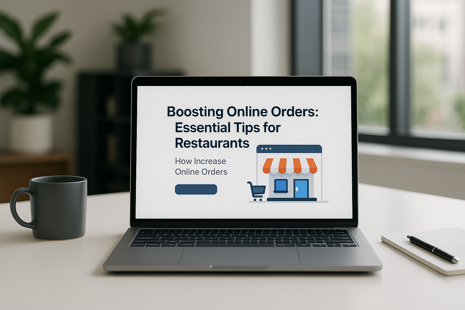 Laptop screen shows a slide titled 'Boosting Online Orders: Essential Tips for Restaurants' with a storefront illustration.